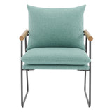 Dutton Armchair with Sage Green Fabric, Natural Wood Arms and Black Sled Base