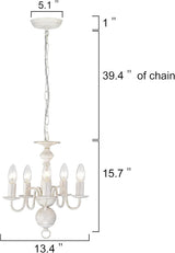 5-Light White Metal Chandelier with Rustic Farmhouse Styling, French Country Ceiling Lighting for Entryway, Foyer, Dining Room and Living Room