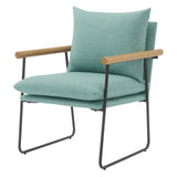 Dutton Armchair with Sage Green Fabric, Natural Wood Arms and Black Sled Base