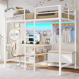 DICTAC Twin Metal Loft Bed with L-Shaped Desk, Storage Shelves, Charging Station and LED Lights, Featuring Coat Rack, Drawers, Staircase and Safety Guardrail, Black