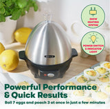 BELLA Rapid Electric Egg Cooker & Omelet Maker with 7-Egg Capacity Tray, Auto Shut-Off, and Settings for Poached, Soft, Medium, and Hard-Boiled Eggs, Black & Steel