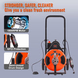 100FT x 1/2Inch Drain Cleaner Machine with Auto Feed Sewer Snake Auger, 4 Cutter, Air-Activated Foot Switch, for 1 to 4 Pipes, Orange and Black