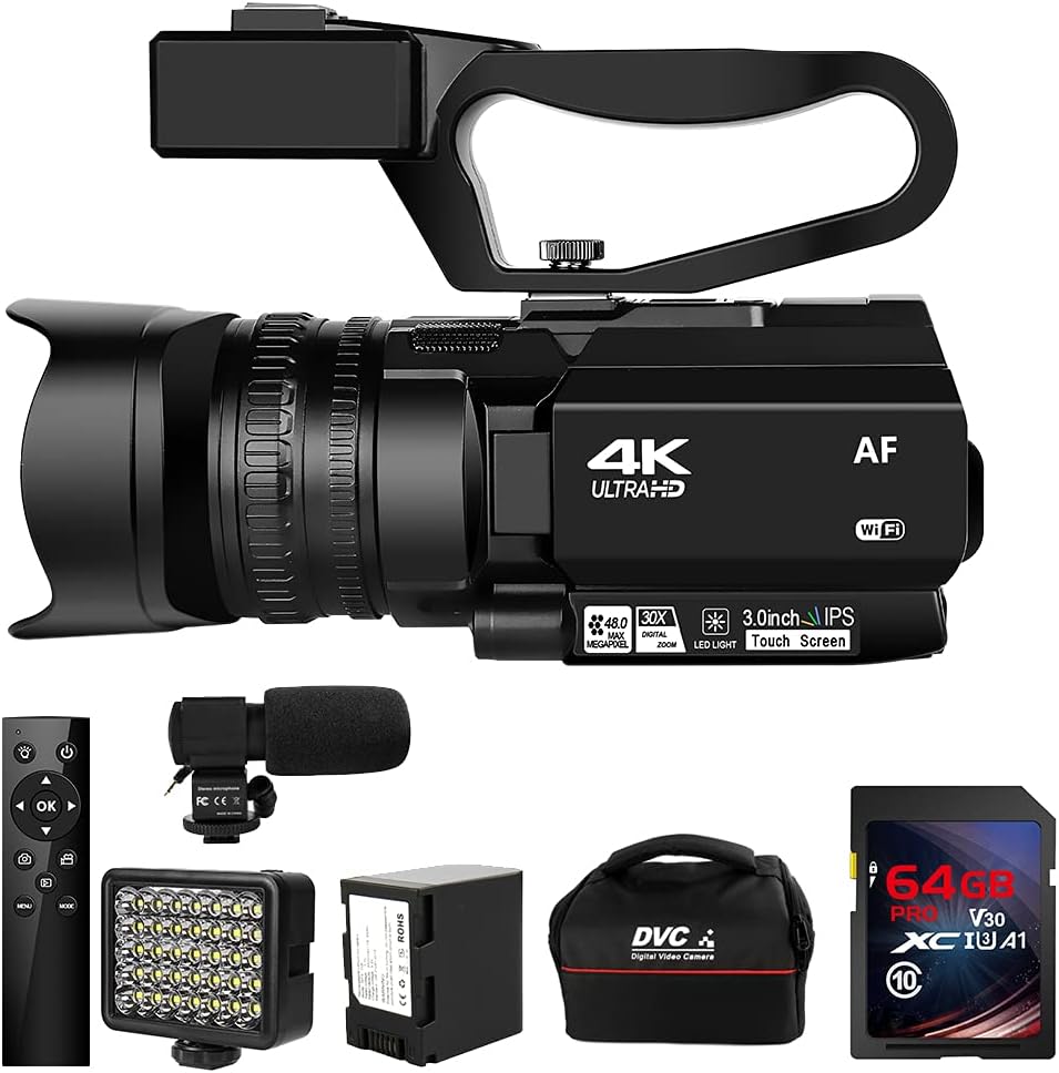 4K HD Camcorder with 48MP, 60FPS, 30X Digital Zoom, Auto Focus and LED Function, 4500mAh Battery, Handheld Stabilizer, Remote, Microphone and 64G SD Card