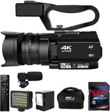 4K HD Camcorder with 48MP, 60FPS, 30X Digital Zoom, Auto Focus and LED Function, 4500mAh Battery, Handheld Stabilizer, Remote, Microphone and 64G SD Card