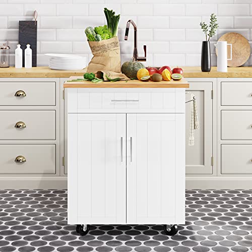 Shintenchi Rolling Kitchen Island Cart with Large Worktop, Cabinet Storage, Drawers, Towel Rack and Wheeled Side-Table Design, White