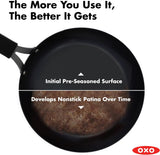 OXO Obsidian 12-Inch Carbon Steel Wok Pan, Pre-Seasoned with Removable Silicone Handle Holder, Induction and Oven Safe, Black