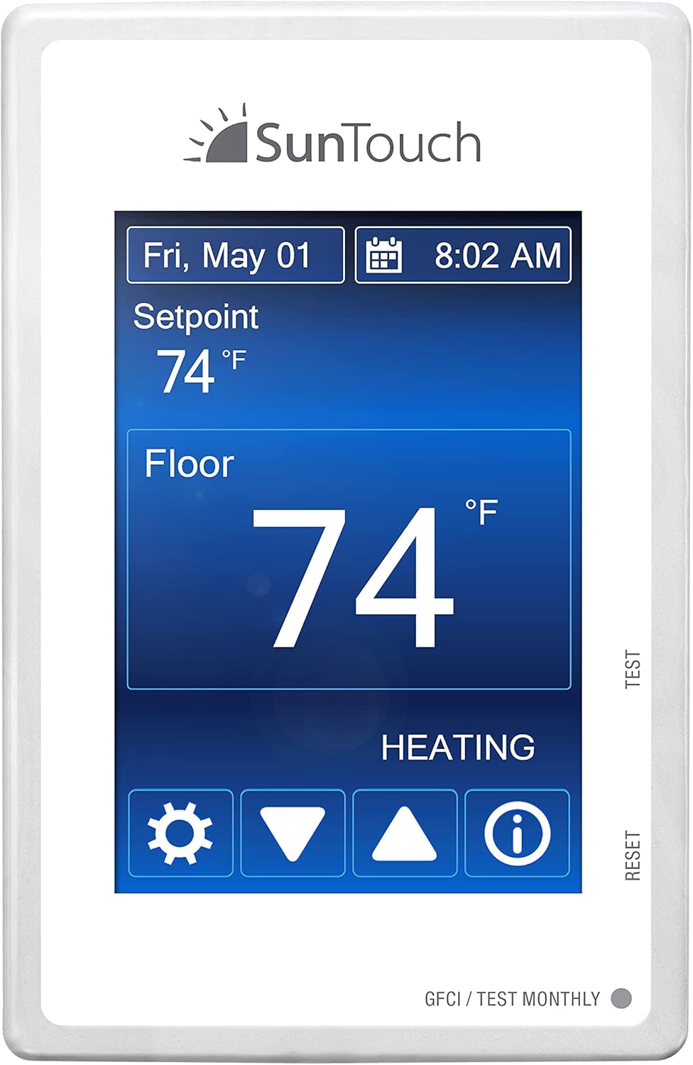 SunTouch Command Model 500850 Universal Programmable Touchscreen Thermostat for 120/240V Floor Heating, with Floor Sensor and Paintable Beauty Ring