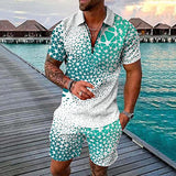 Mens 2-Piece Summer Outfit Set with Printed Short-Sleeve Lapel Shirt & Shorts, Casual Beach Suit