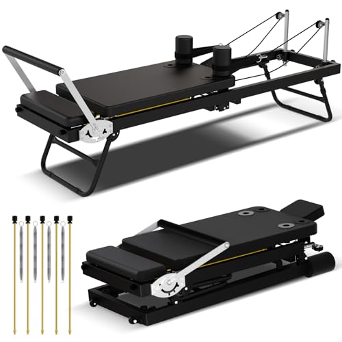 Portable Foldable Pilates Reformer for Home Gyms with Adjustable Resistance, Springs and Cords, Lightweight Compact Design and 400 LBS Maximum Load