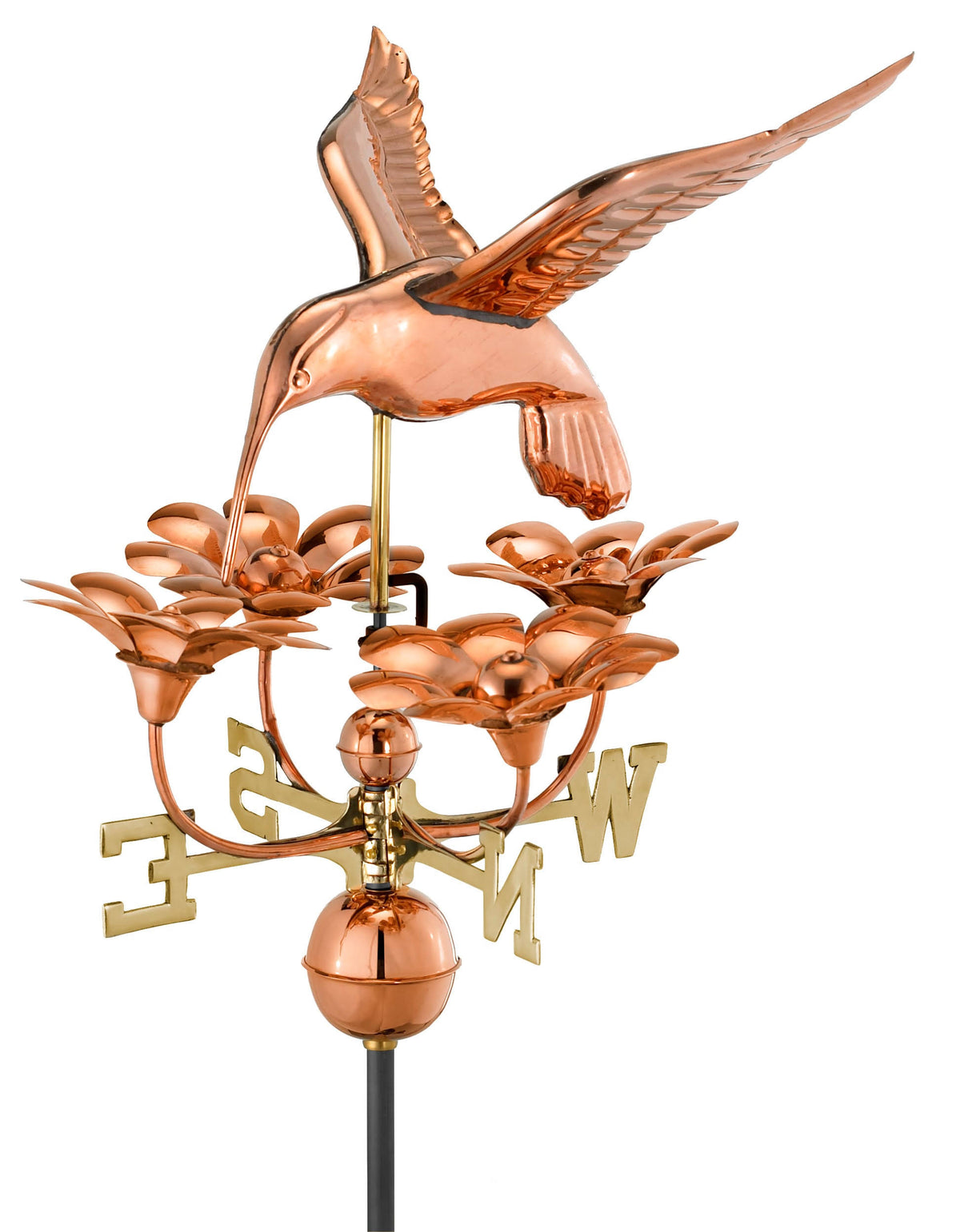 Good Directions Hummingbird Weathervane with Flowers, Finished in Polished Copper