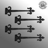 Black Wrought Iron Fleur De Lis Door Strap Hinge Set with Hardware, 18-Inch Antique Style, Rust Resistant Flush Mount, Pack of 2