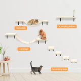 7-Piece Wall-Mounted Cat Furniture Set with Climbing Shelves, Perches, Bridge, Hammock, Scratching Board and Ball, Indoor Wood Activity Center, Beige
