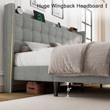 Dark Gray Queen Upholstered Platform Bed with Modern Wingback Storage Headboard, Charging Station and Solid Wood Slats, No Box Spring Required