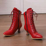 Womens Red Short Boots with Lace-Up Design, Solid Round-Toe Construction, Size 38
