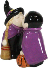 Ebros Gift Halloween Villains Ceramic Salt and Pepper Shakers, Vampire Dracula and Kissing Witch with Broomstick, Magnetic Set with Rubber Stoppers