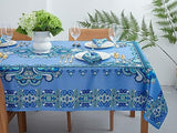 YiHomer Mykonos Blue Paisley Tile-Bordered Tablecloth, 60 x 84 Rectangle, Stain- and Water-Resistant Indoor or Outdoor Tabletop Cover for Picnics and Dinner Parties