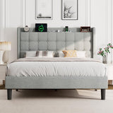 Dark Gray Queen Upholstered Platform Bed with Modern Wingback Storage Headboard, Charging Station and Solid Wood Slats, No Box Spring Required