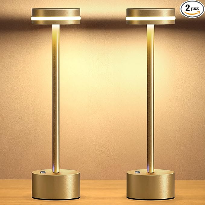 2-Pack Gold Cordless Table Lamps with Touch Stepless Dimming, Rechargeable Design for Bedroom, Hotel, Restaurant, Bar and Outdoor Use