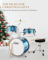 Eastar 3-Piece Kids Drum Set with 14-Inch Bass Drum, Adjustable Throne, Cymbal, Pedal, and 2 Pairs of Drumsticks, Metallic Sky Blue