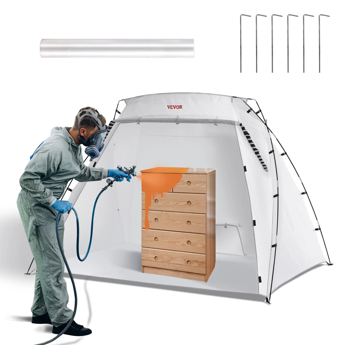 SKYSHALO 7.5×5.2×5.2ft Portable Paint Booth with Built-In Floor and Mesh Screen for Furniture DIY Projects
