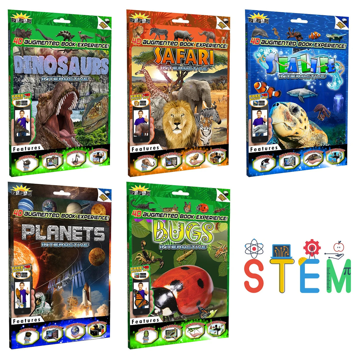 STEM Interactive Smart Books Collection with 4D Educational App, Featuring Dinosaurs, Planets, Sea Life, Bugs and Safari Animals
