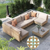Grand patio 7-Piece Boho Wicker Conversation Set in Cream, Featuring a Sectional Sofa, Water-Resistant Thick Cushions, and Coffee Table