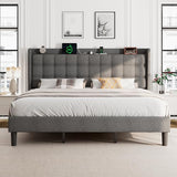 Dark Gray Queen Upholstered Platform Bed with Modern Wingback Storage Headboard, Charging Station and Solid Wood Slats, No Box Spring Required