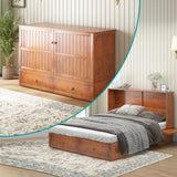 BALUS Queen Murphy Bed Cabinet in Grey-Blue with Tri-Fold Mattress, USB Charging Station, Folding Nightstand Trays, and Storage Drawers