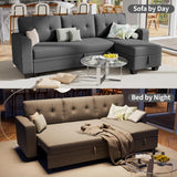 Modern L-Shaped Sleeper Sectional Sofa with Pull-Out Bed, Storage Chaise and Convertible Fabric Upholstery for Living Rooms, Apartments and Small Spaces, Dark Gray