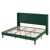 Allewie Queen Velvet Platform Bed with Vertical Channel-Tufted Wingback Headboard, Strong Wooden Slats, No Box Spring Required, Easy Assembly, Black