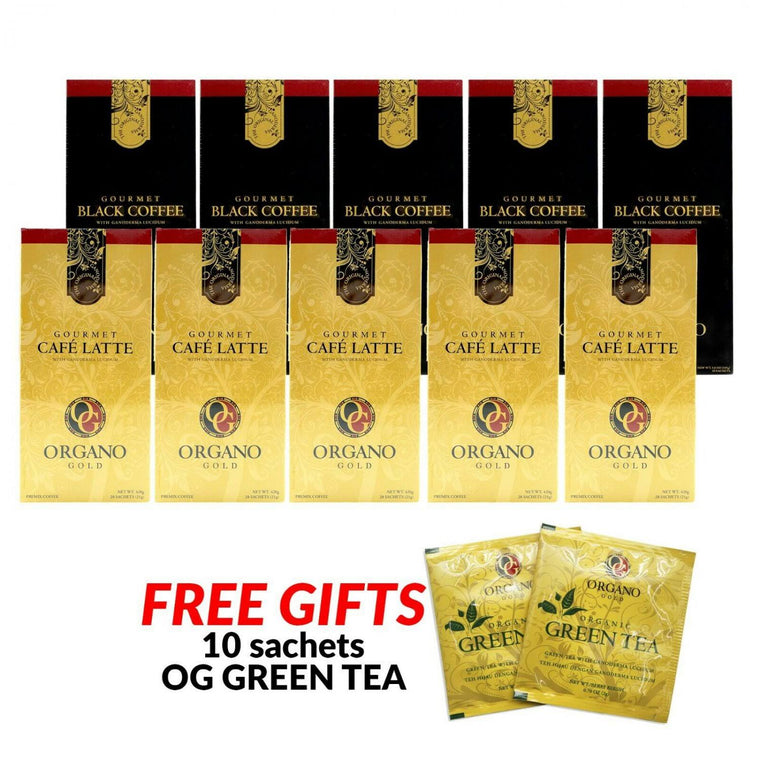 Organo Gold Gourmet Coffee Variety, 10 Boxes with 5 Cafe Latte and 5 Black Coffee