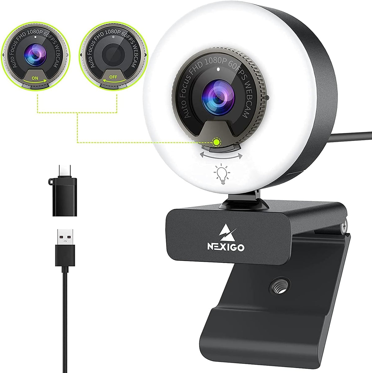 NexiGo N960E 1080P 60FPS USB Webcam with Lighting, Fast Autofocus, Privacy Cover and Dual Stereo Microphones for Zoom, Skype, Teams and Twitch