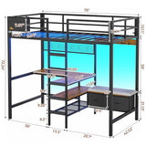 DICTAC Twin Metal Loft Bed with L-Shaped Desk, Storage Shelves, Charging Station and LED Lights, Featuring Coat Rack, Drawers, Staircase and Safety Guardrail, Black