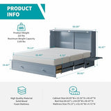 BALUS Queen Murphy Bed Cabinet in Grey-Blue with Tri-Fold Mattress, USB Charging Station, Folding Nightstand Trays, and Storage Drawers
