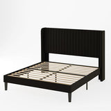 Allewie Queen Velvet Platform Bed with Vertical Channel-Tufted Wingback Headboard, Strong Wooden Slats, No Box Spring Required, Easy Assembly, Black