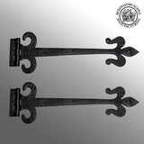 Black Wrought Iron Fleur De Lis Door Strap Hinge Set with Hardware, 18-Inch Antique Style, Rust Resistant Flush Mount, Pack of 2