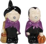 Ebros Gift Halloween Villains Ceramic Salt and Pepper Shakers, Vampire Dracula and Kissing Witch with Broomstick, Magnetic Set with Rubber Stoppers