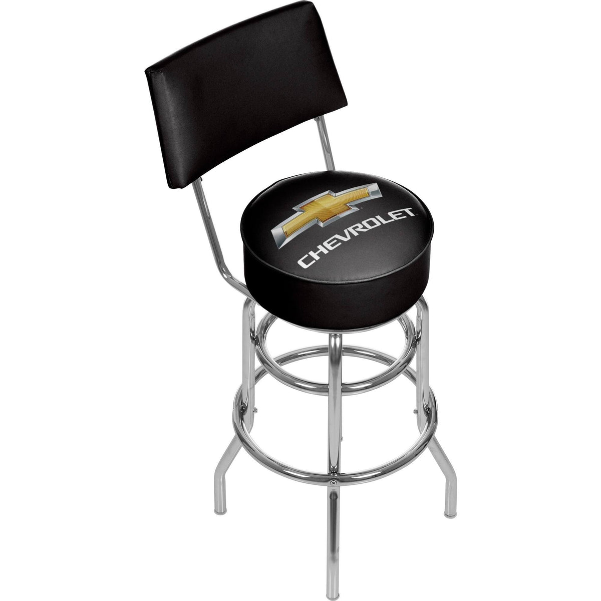 Chevrolet Bow Tie Logo Padded Bar Stool with Back, 30-Inch, Black, Trademark Global