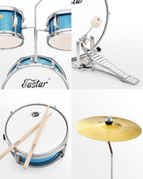 Eastar 3-Piece Kids Drum Set with 14-Inch Bass Drum, Adjustable Throne, Cymbal, Pedal, and 2 Pairs of Drumsticks, Metallic Sky Blue