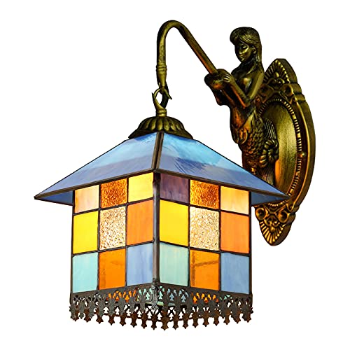 LITFAD Tiffany-Style Aqua Petal Wall Sconce with LED Lighting, Antique Brass Finish, and Mediterranean Flower Design for Bedroom or Restaurant