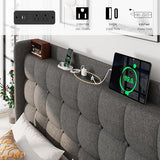 Dark Gray Queen Upholstered Platform Bed with Modern Wingback Storage Headboard, Charging Station and Solid Wood Slats, No Box Spring Required