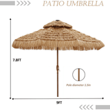 Autlaycil 9-Foot Thatched Tiki Umbrella with Double-Tier Solar LED Lights for Outdoor Pool, Patio and Beach Use
