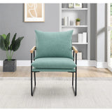 Dutton Armchair with Sage Green Fabric, Natural Wood Arms and Black Sled Base