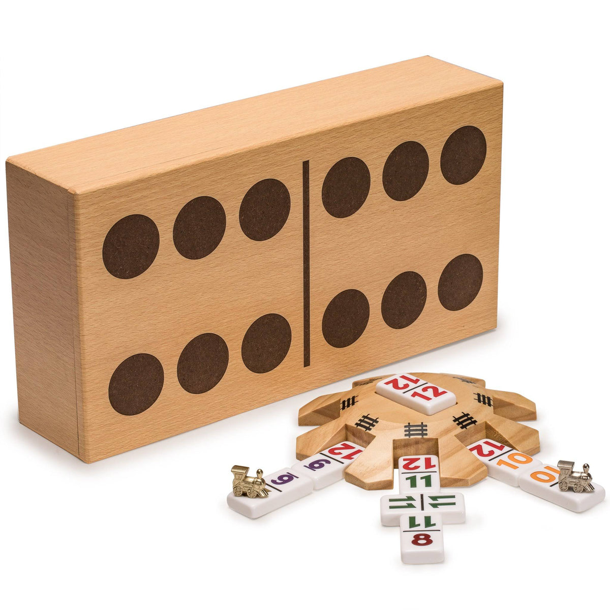 Yellow Mountain Imports Mexican Train Dominoes Set with Double 12 Dominoes, Numerals, Wooden Hub, and Train Mark