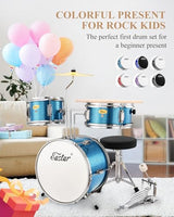 Eastar 3-Piece Kids Drum Set with 14-Inch Bass Drum, Adjustable Throne, Cymbal, Pedal, and 2 Pairs of Drumsticks, Metallic Sky Blue