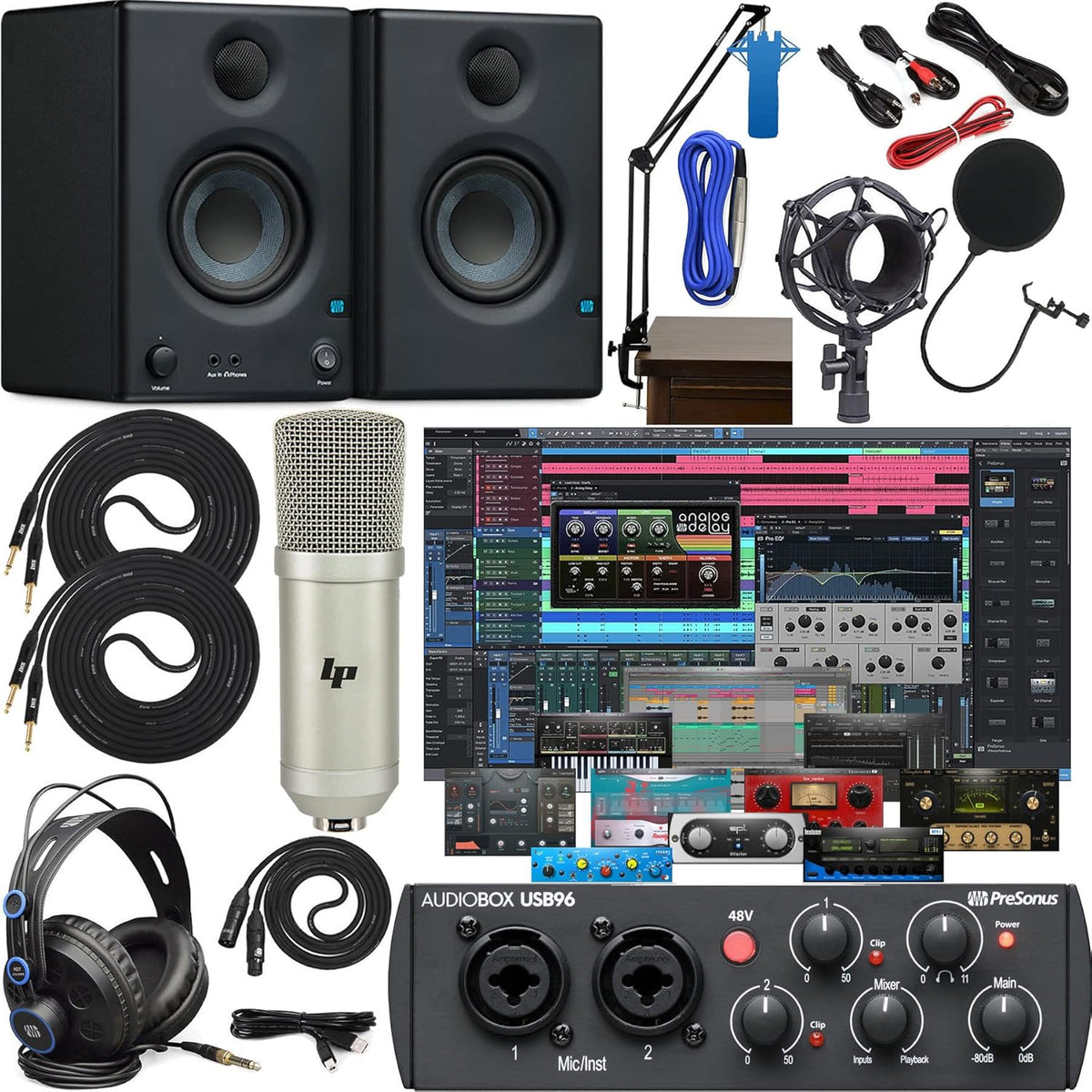 PreSonus AudioBox 96 Recording Bundle with Eris E3.5 Studio Monitor Pair, HD7 Headphones, Adjustable Boom Arm, Creative Software Kit and Studio Accessories