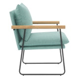 Dutton Armchair with Sage Green Fabric, Natural Wood Arms and Black Sled Base