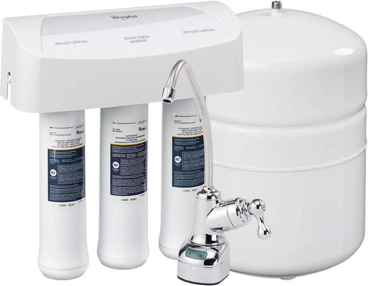 Whirlpool WHER25 Reverse Osmosis Filtration System with Chrome Faucet, Extra-Long-Life UltraEase Filter Cartridges and Easy Replacement, White