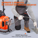 100FT x 1/2Inch Drain Cleaner Machine with Auto Feed Sewer Snake Auger, 4 Cutter, Air-Activated Foot Switch, for 1 to 4 Pipes, Orange and Black