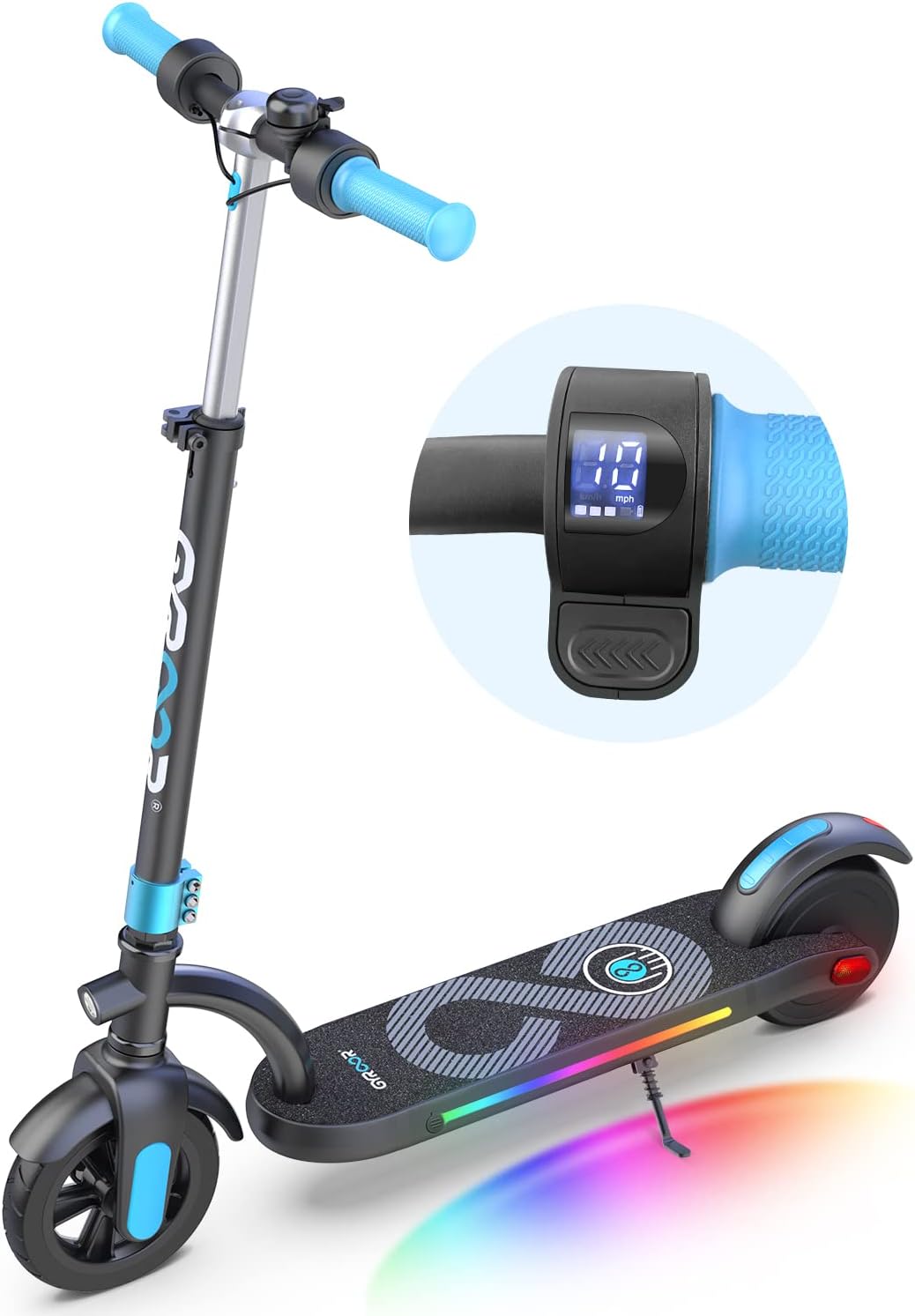 Gyroor Kids Electric Scooter with 200W Motor, LED Display, Colorful Lights, Adjustable Speed and Height, 10 MPH Speed and 10-Mile Range, Ages 8-12